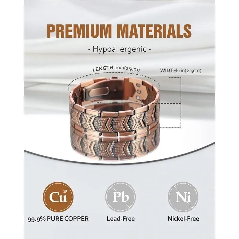 Men's copper magnetic bracelet, with a unique flip-down clasp and adjustment tool. Fashionable jewelry, with a sturdy and comfortable design. It helps improve blood circulation, relieve fatigue, and can also be used as a daily decorative accessory.