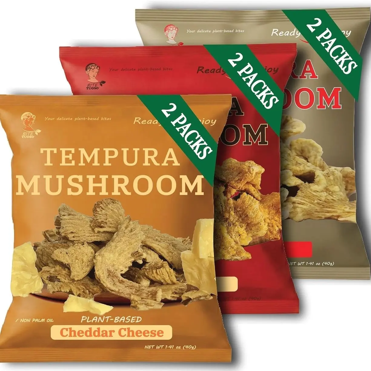 BITETUOSO Tempura Oyster Mushroom Chips, Non-GMO, Asian Crunchy Chips, Vegan, Plant-Based Original, BBQ, Plant-Based Cheddar Cheese Flavor (1.41 oz, 6-Pack), Individually Wrapped Snack Pack