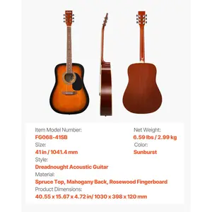 VEVOR Dreadnought Acoustic Guitar, 41 in, 6-String Sunburst Solid Spruce Top Guitar, Beginner Bundle with Gig Bag, Tuner, Strap, Strings, Picks, Capo, Rosewood Fingerboard, for Adult Taller Player