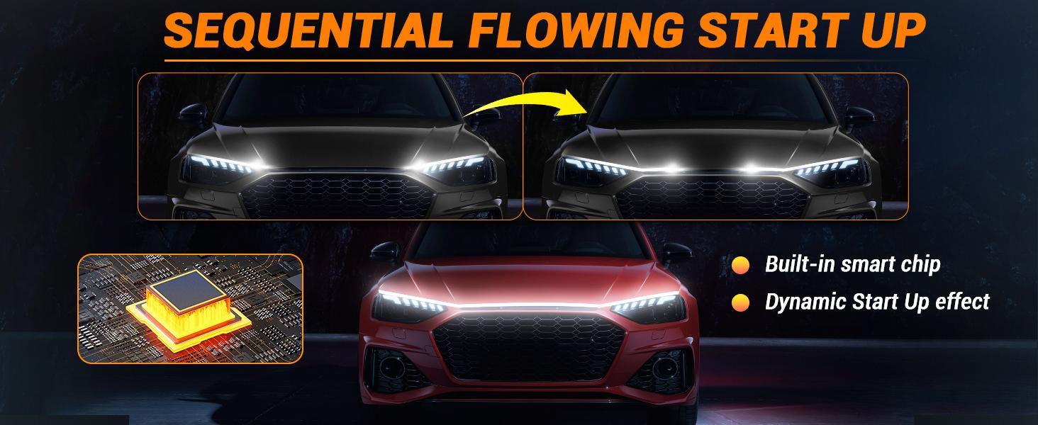 DIBMS LED Light Kit (for hood and spoiler), includes: 71-inch LED light bar with dynamic scan activation for day/night hood running lights / carbon fiber LED taillights, Turn signal LED taillights, Brake/daytime running light accent lights.