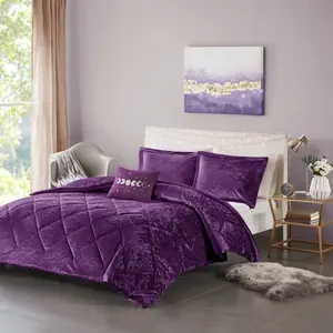 Crushed Velvet 5-Piece Full/Queen Bedding Comforter Set - Diamond Quilt Stitching, Glamorous Look, 1 Throw Pillow