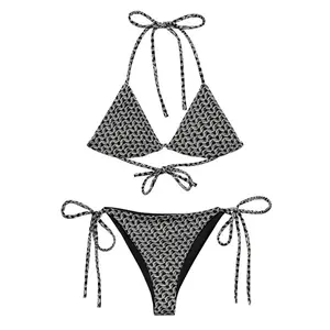 Women Black White Chain Link Print Bikini Set Triangle Halter Top Tie Side Bottom Sexy Summer Beach Swimsuit Pool Party Tanning Vacation Swimwear Cute 2 Piece