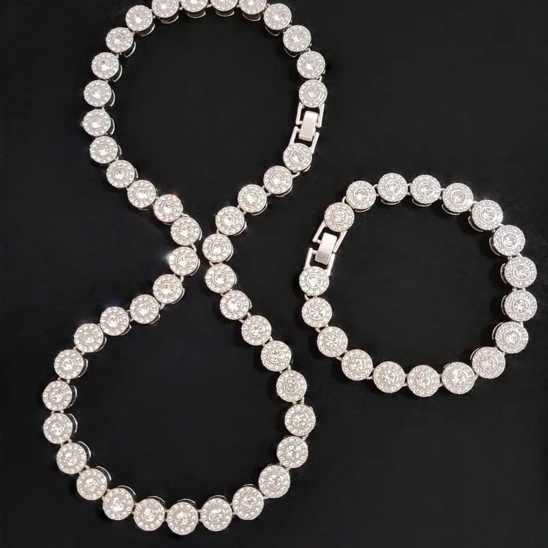 2 Pieces/Set Unisex Alloy Rhinestone Round Necklace and Bracelet, Street Style Jewelry for All Seasons, Fashionable Matching Jewelry Set