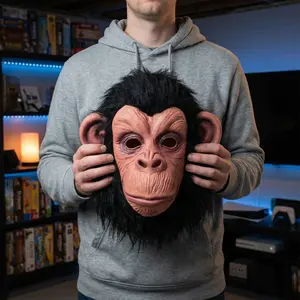 Latex Monkey Full Head Mask, Realistic Black Chimp Animal Mask for Adult Halloween Costume Party, Carnival Prop with Banana Stress Relief Toy, Cosplay Accessory Wrinkle-Free White Party Backdrop Curtains Accurate Graduation Happy Birthday dream mask
