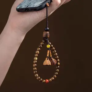 Retro Agarwood Mobile Phone Chain Women's Lanyard Short Wrist Pendant Hanging Decoration Hanging Rope Straps Chinese Style