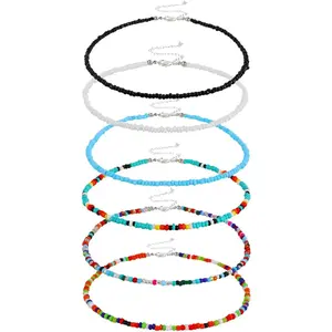 6 Pcs Choker Necklaces - Colorful Tiny Seed Beaded Necklace Boho Choker - Cute Beach Chain Jewelry for Women