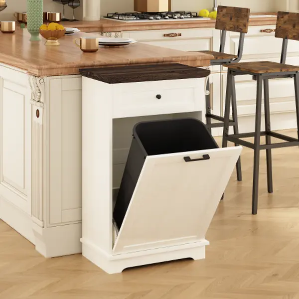 Freestanding Modern Tilt-Out Trash Cabinet, Wooden Multi-Purpose Household Garbage Storage with Drawer, Hidden Odor Control Trash Can Holder for Kitchen, Laundry Use