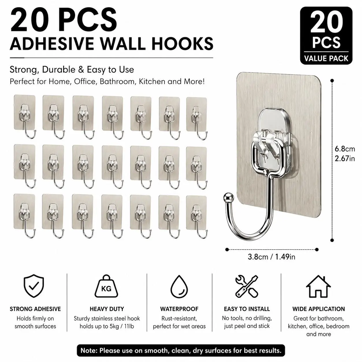 20-Piece Heavy-Duty Transparent Reusable Metallic Wall Adhesive Organizer Set - Seamless Brushed Metal Towel Rack & Rails, Bathroom Towel Hooks, Hanging Home Organizer Solutions, Removable Storage Hooks, Bathroom Hooks For Towels