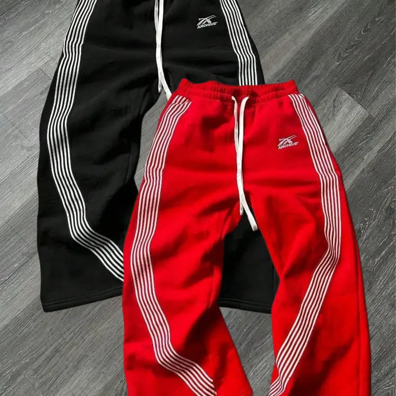 Men’s two-pack athletic sweatpants with side stripes — embroidered drawstring straight-leg long pants; American high-street retro loose casual long pants