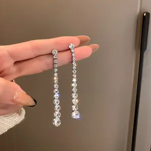 Korean Style Sparkling Rhinestone Long Tassel Earrings, Elegant & Unique Niche Design, Premium Versatile Stud Earrings Jewelry