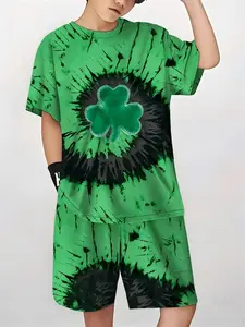 Boys St Patrick's Day Tie-Dye T-Shirt Shorts Set, 3D Clover Print, Breathable Summer, Loose Fit for Outdoor Activities, Clothing Sets