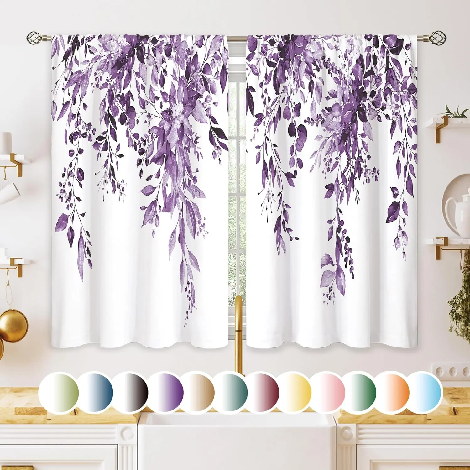 Purple Floral Curtains - 2-Panel 27.5x39in Eucalyptus Botanical Leaf Drapes, Polyester Fits, 50% Light Filter, Wrinkle-Resistant Farmhouse Style Home Colored Tier Curtains for Kitchen, Nursery, Colored Curtains