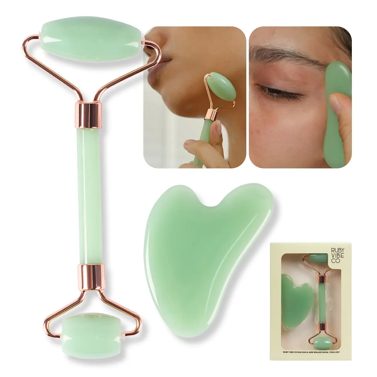 RUBY VIBE CO Jade Roller & Gua Sha Set for Face, Jade Roller for Face with Gua Sha Facial Tools, Face Sculpting Tool, Facial Massager & Skincare Tools