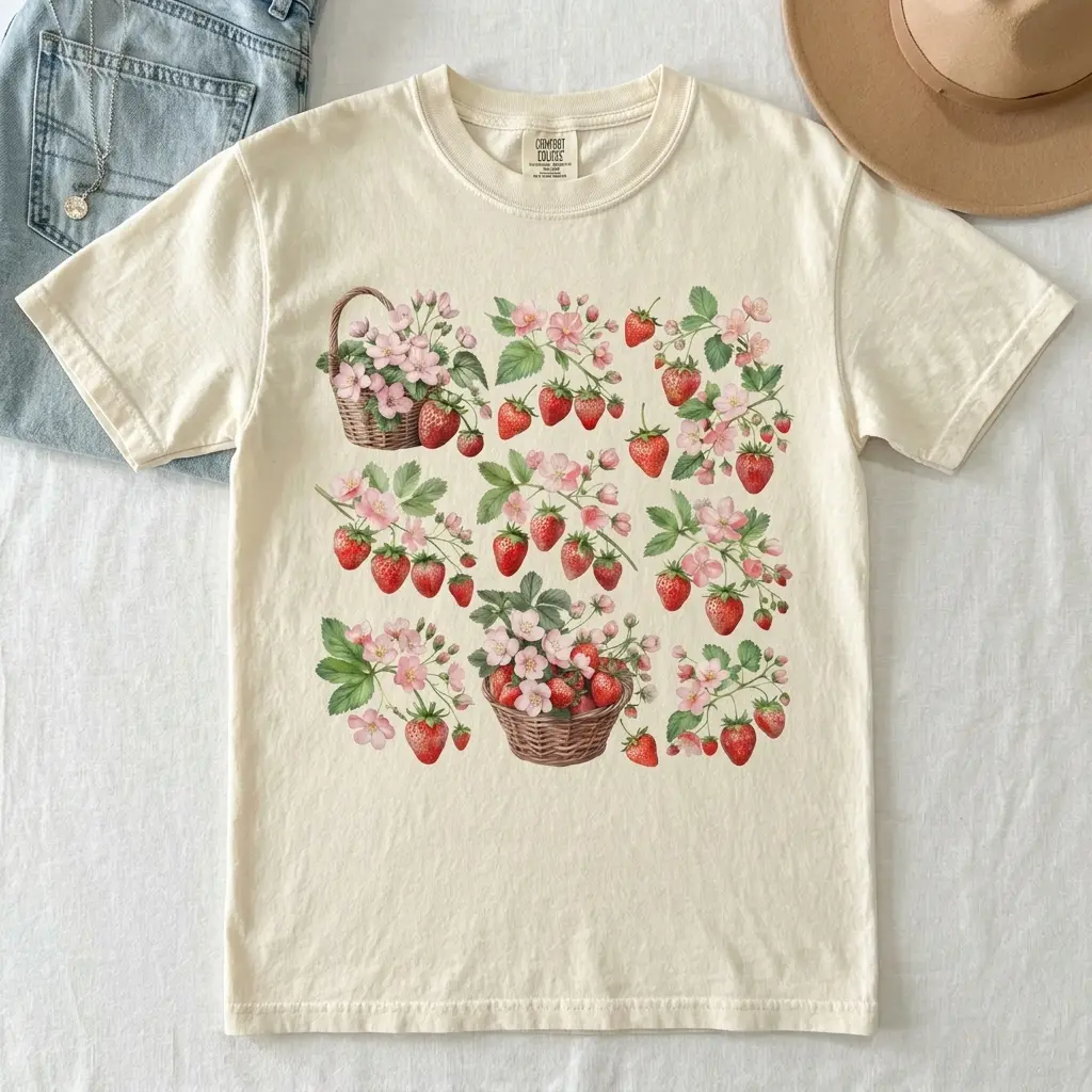 Comfort Colors Strawberry Flower T-shirt, Berry Tshirt, Botanical T-shirt, Cottagecore Garden Aesthetic Berries Fruit Tee Fruit Lover Gift