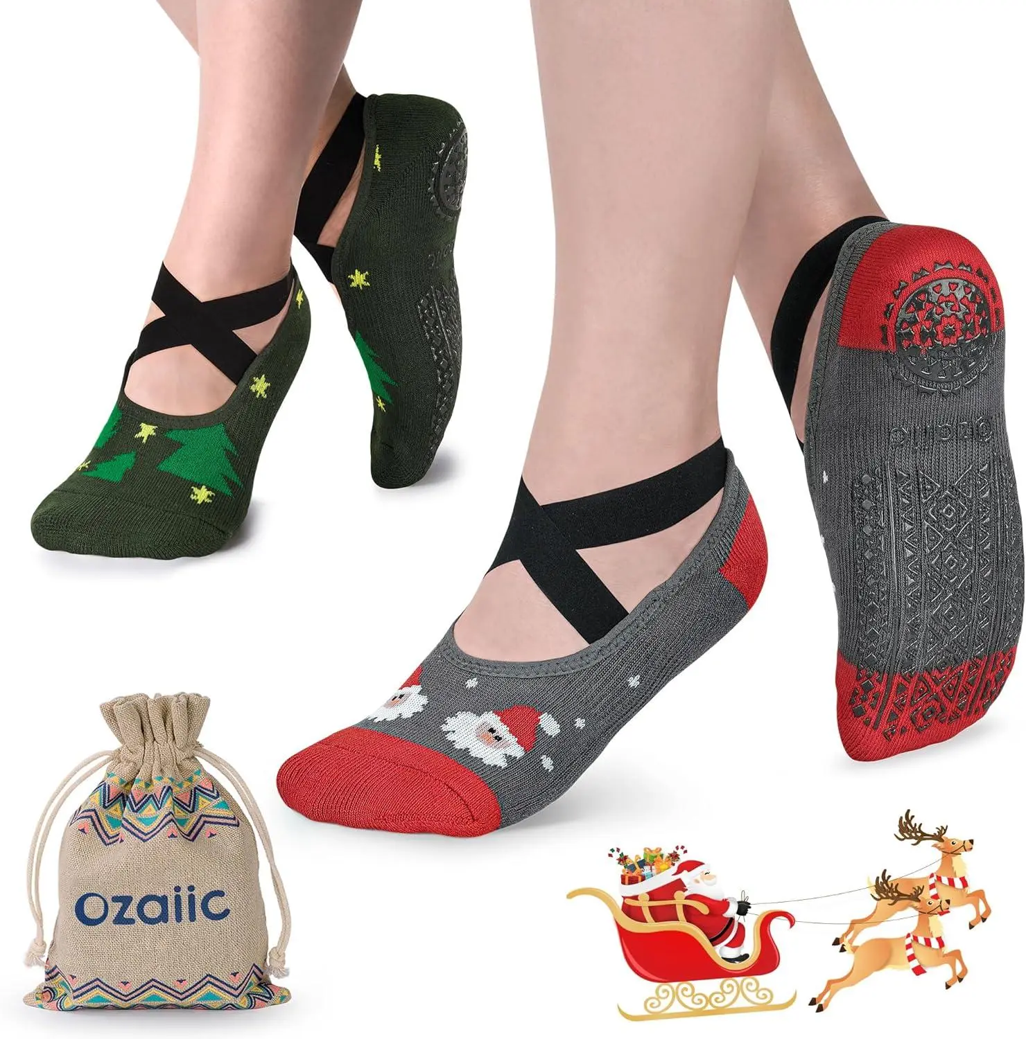 Christmas Yoga Socks for Women Non-Slip Grips & Straps, Ideal for Pilates, Pure Barre, Ballet, Dance, Barefoot Workout
