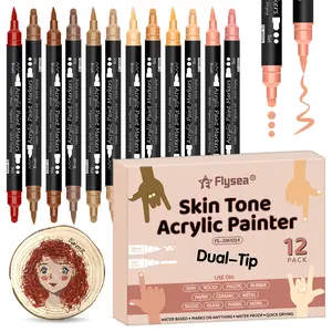 12 Pack Dual Tip Skin Tone Brush Markers, Acrylic Marker Set for Rocks Canvas Glass Ceramic Wood Sketching Portraits Comics Illustrations