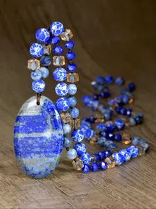 Vintage Natural Lapis Lazuli Oval Pendant Design Long Necklace, Handmade Knotted Emperor Stone Blue 108 Beads Mala Yoga Necklace