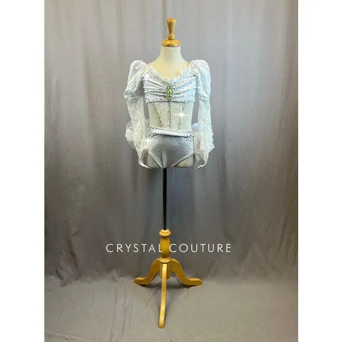 Custom White Long Sleeve Leotard with Cutouts and Lace Detailing - With Rhinestones