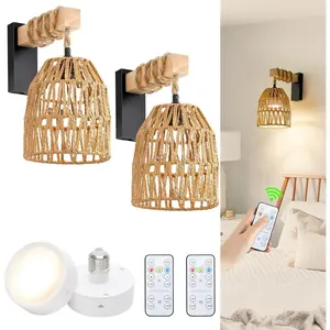 Battery Operated Wall Sconce, Boho Battery Wall Sconces Set of 2, Rattan Farmhouse Wall Lamp with Remote Control, Dimmable Wireless Wall Light for Bedroom, Living Room, Entryway