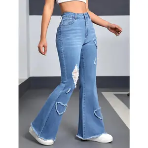 Women's Stylish Heart-Embellished Flared Jeans - Ripped Raw Hem, Stretch Fabric, Soft Denim, Comfortable Fit, Long Blue Streetwear Bottom Pants, Embellished Jeans