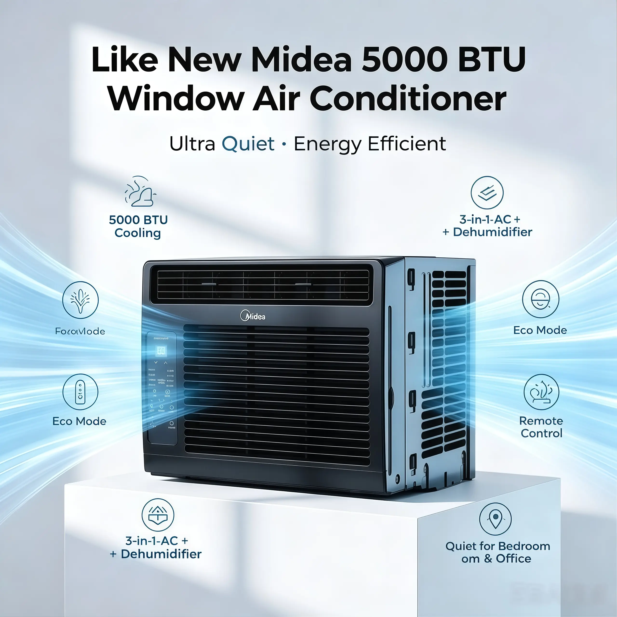 Like New Midea 5000 BTU Window Air Conditioner, Ultra Quiet Energy Efficient 3-in-1 Air Conditioner, Built-in Dehumidifier & Eco Mode, Remote Control for Bedroom Office Small Rooms