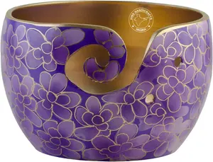 Solid Crafted Floral Metallic Finish Aluminium Portable Yarn Bowl Holder for Knitting Crochet Christmas  Set (6" x 6" x 4", Purple)