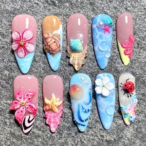 24 Long Sharp Claw Nails, Ocean Floral Theme, 3D Turtle Starfish Shell Details, Glossy False Nails, Reusable, Includes Jelly Glue & Nail File