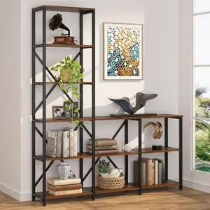 LITTLE TREE 9 Shelves Bookshelves, Industrial Ladder Corner Etagere Bookcase, Rustic 6-Tier Display Open Shelf Storage Organizer for Living Room
