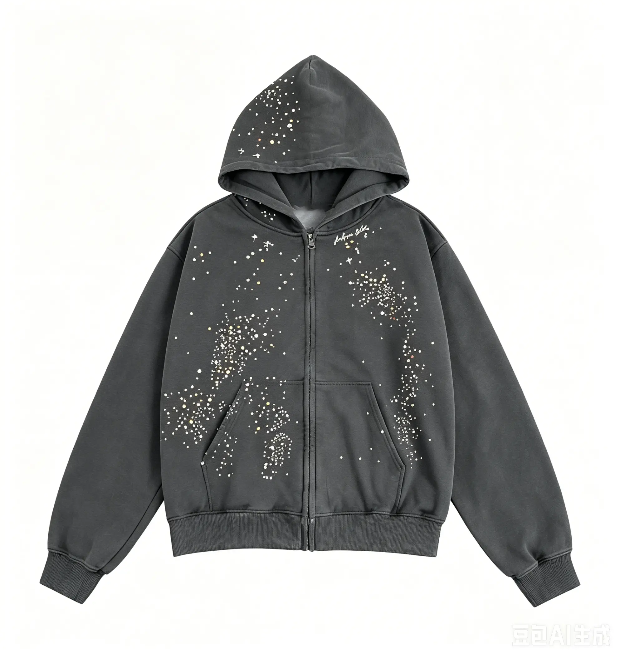 Unisex Oversized Rhinestone-Embellished Zip-Up Sweatshirt Jacket, Loose Streetwear with Menswear Aesthetic, Wish-Style Design