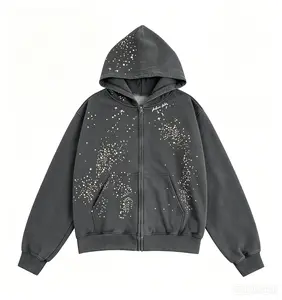 Unisex Oversized Rhinestone-Embellished Zip-Up Sweatshirt Jacket, Loose Streetwear with Menswear Aesthetic, Wish-Style Design