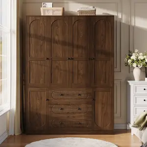 Oxirth 4 Doors Freestanding Armoire Wardrobe Closet 72" Wooden Storage with 3 Drawers & 3 Hanging Rods for Bedroom White Black Walnut Modern Design Superior Durability Spacious Storage