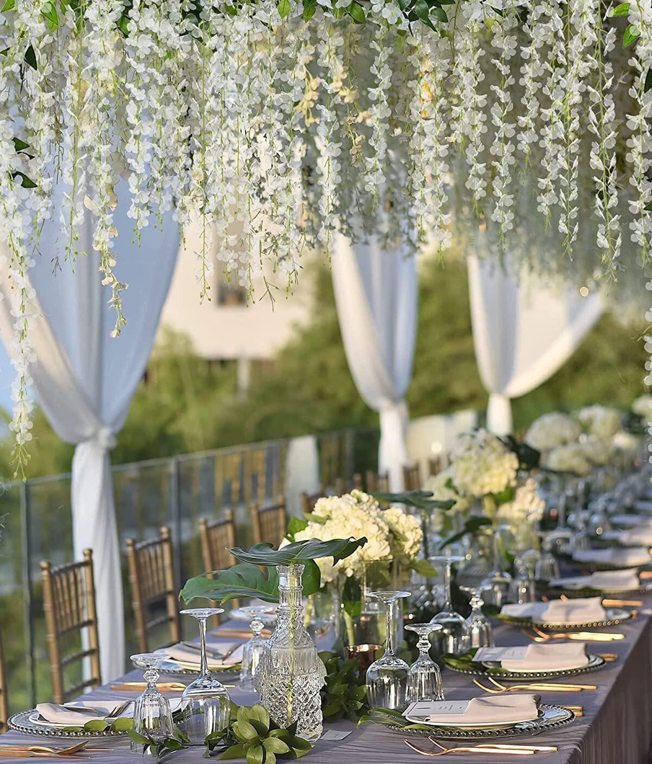 Dense Artificial Fake Wisteria Vine Ratta Hanging Garland 12Pcs 43.3 Inch/Piece Silk Flowers String Artificial Wisteria Flowers for Decorative Home Party Wedding Garden Decorations Artificial Flowers For Outside