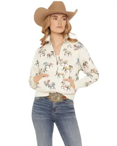 Shyanne Women's Horse Print 1/2 Zip Fleece Pullover - Srfa25k32-Crm