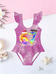 Fun 67 Print Girls' Jumpsuit Swimsuit, Cute Cartoon Print, Ruffle Quick-Dry Kids Swimwear, Fashion Swimsuit, Beach Party