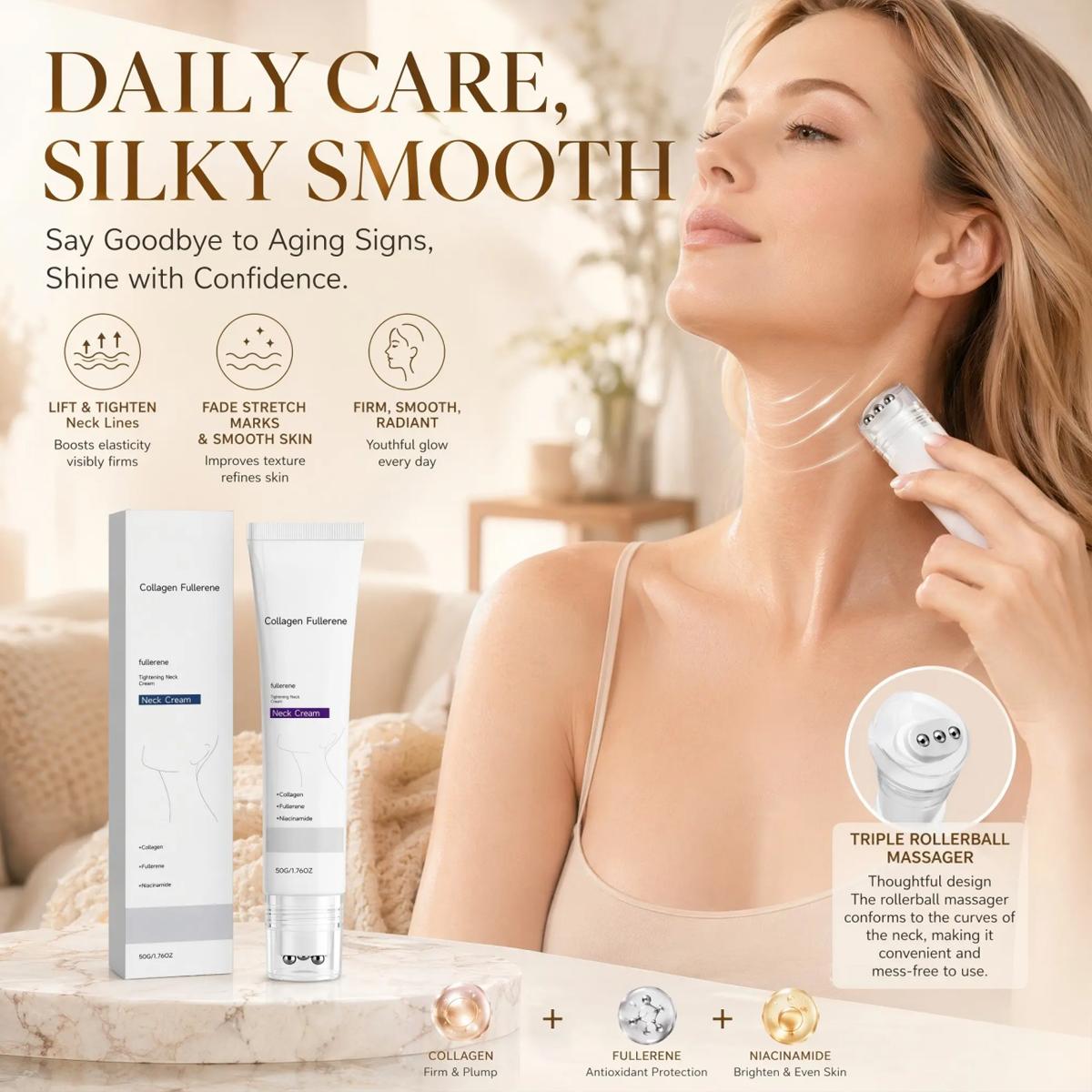 5-Roller Collagen Neck Firming Cream 50g for Neck Care, Hyaluronic Acid & Vitamin C+E Infused, Massage Rollers for Wrinkles & Double Chin Reduction, Edema Relief (Suitable for Wrinkled Skin), Reduces Wrinkles, Collagen Blend, Body Care Routine, Neck Area