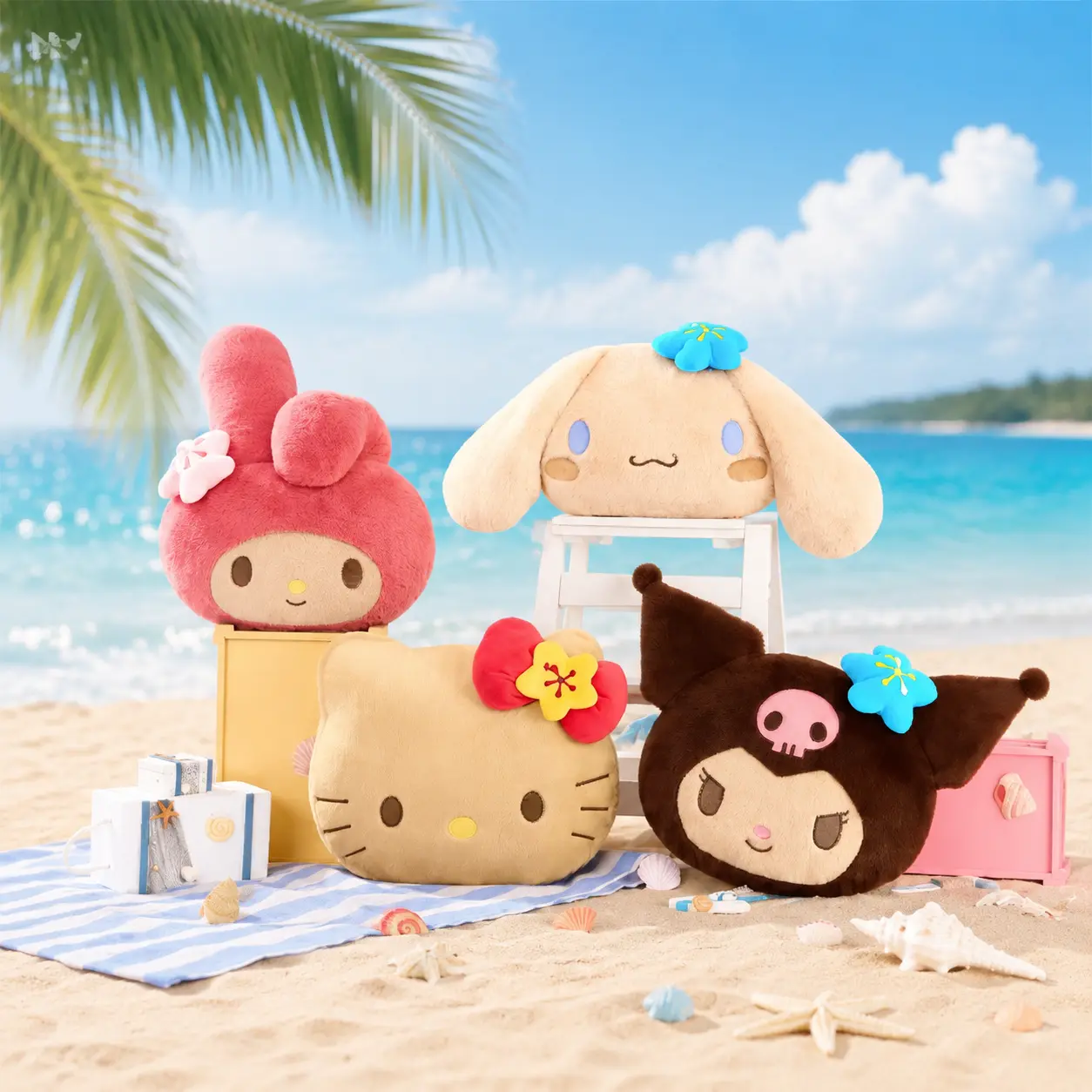 MINISO Sanrio Summer Tanned Series No.18 Head-Shaped Plush Pillow, Hello Kitty Stuffed Cushion, Soft Plush Material, Home Sofa Decor, Collectible Gift For Sanrio Fans, Back to School Gifts