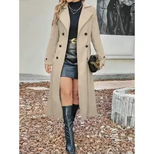 Women’s solid-color lapel long-sleeve casual fashion wool coat, autumn and winter longline double-breasted coat, women’s coat GARMENTARY