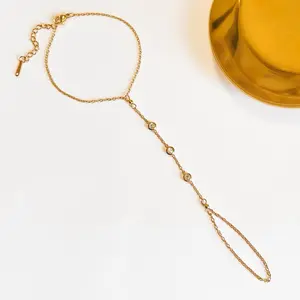 Sparkly Handchain Bracelet with Delicate Cubic Zirconia Stones 18-Karat Gold Plated Stainless Steel Elegant Jewelry for Any Outfit