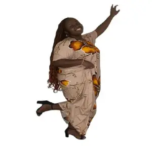 Women's African Print Maxi Dress, Beige with Orange Floral Pattern, Traditional Ethnic Style, Long Sleeve