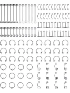 120 Pcs Body Piercing Set Stainless Steel Nose Ring Horseshoe Tongue Lip Eyebrow Tragus Body Piercing Navel Rings Barbells 14G 16G Body Piercing Kit