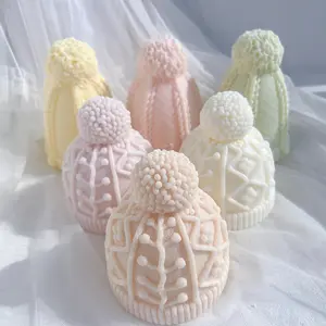 Yozu Christmas Bobble Cap Candle Knit Santa Hat Soy Wax for Xmas Eve Home Decorating Winter Knitted Hat Cake Silicone
