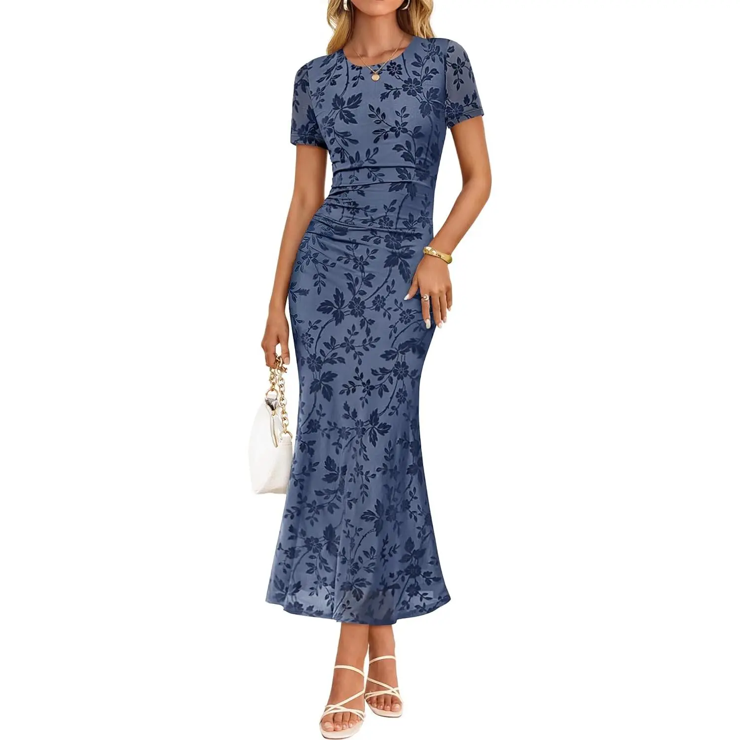 ZESICA Lady's Short-Sleeve Summer Floral Ruched Mesh Bodycon Maxi Dress - Women's Formal Wear Clothes, Wedding Guest Dress for Beach Vacations, Cocktail Parties, Shortsleeve sohochic
