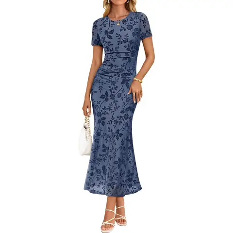 [End‑of‑Season Sale | Limited Time Only]ZESICA Lady's Short-Sleeve Summer Floral Ruched Mesh Bodycon Maxi Dress - Women's Formal Wear Clothes, Wedding Guest Dress for Beach Vacations, Cocktail Parties, Shortsleeve