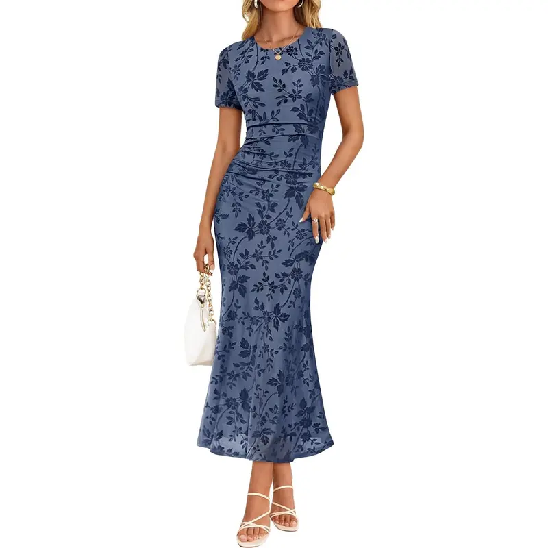 [End‑of‑Season Sale | Limited Time Only]ZESICA Lady's Short-Sleeve Summer Floral Ruched Mesh Bodycon Maxi Dress - Women's Formal Wear Clothes, Wedding Guest Dress for Beach Vacations, Cocktail Parties, Shortsleeve
