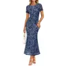 [End‑of‑Season Sale | Limited Time Only]ZESICA Lady's Short-Sleeve Summer Floral Ruched Mesh Bodycon Maxi Dress - Women's Formal Wear Clothes, Wedding Guest Dress for Beach Vacations, Cocktail Parties, Shortsleeve