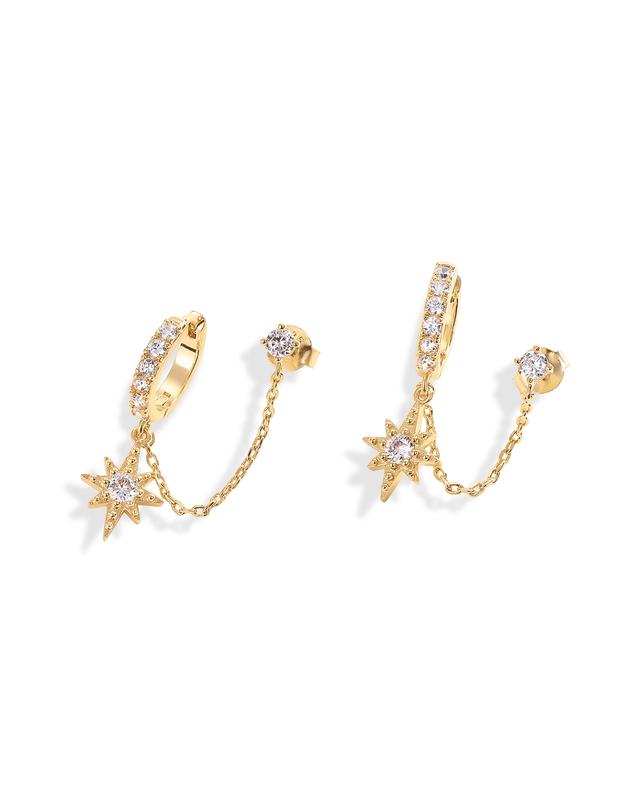 PAVOI 14K Gold Chain Earrings for Women | Double Piercing Dangle Chain Huggie Hoop Earrings | Cubic Zirconia Star Stud Ear Cuff Earrings for Women
