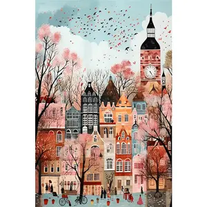 1PCS Diamond Painting Kit Spring Cityscape with Cherry Blossoms Church Tower and Colorful Buildings for A
