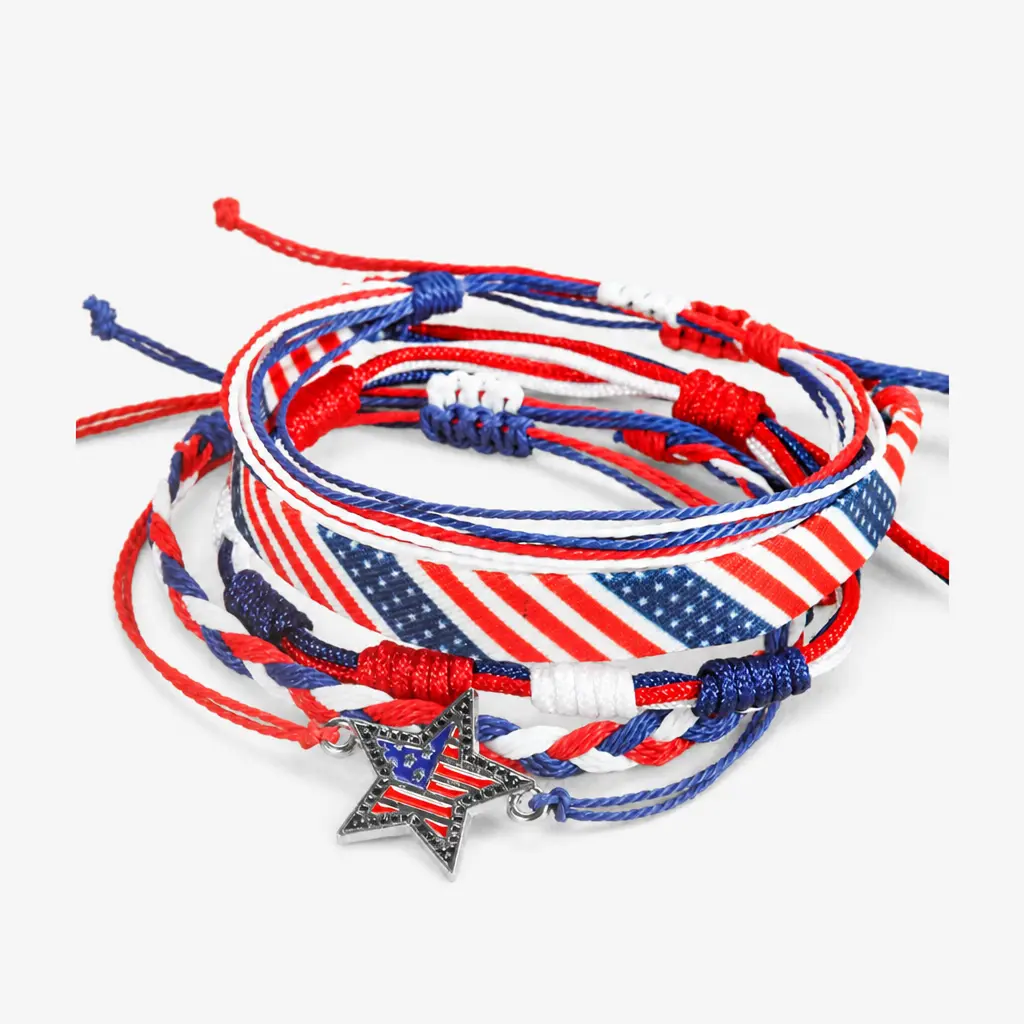 5Pcs Patriotic Star Bracelets & Bangles - 4th of July Red White Blue Braided Woven Rope Stackable Jewelry Gift for Women - Independence Day Costume Accessory