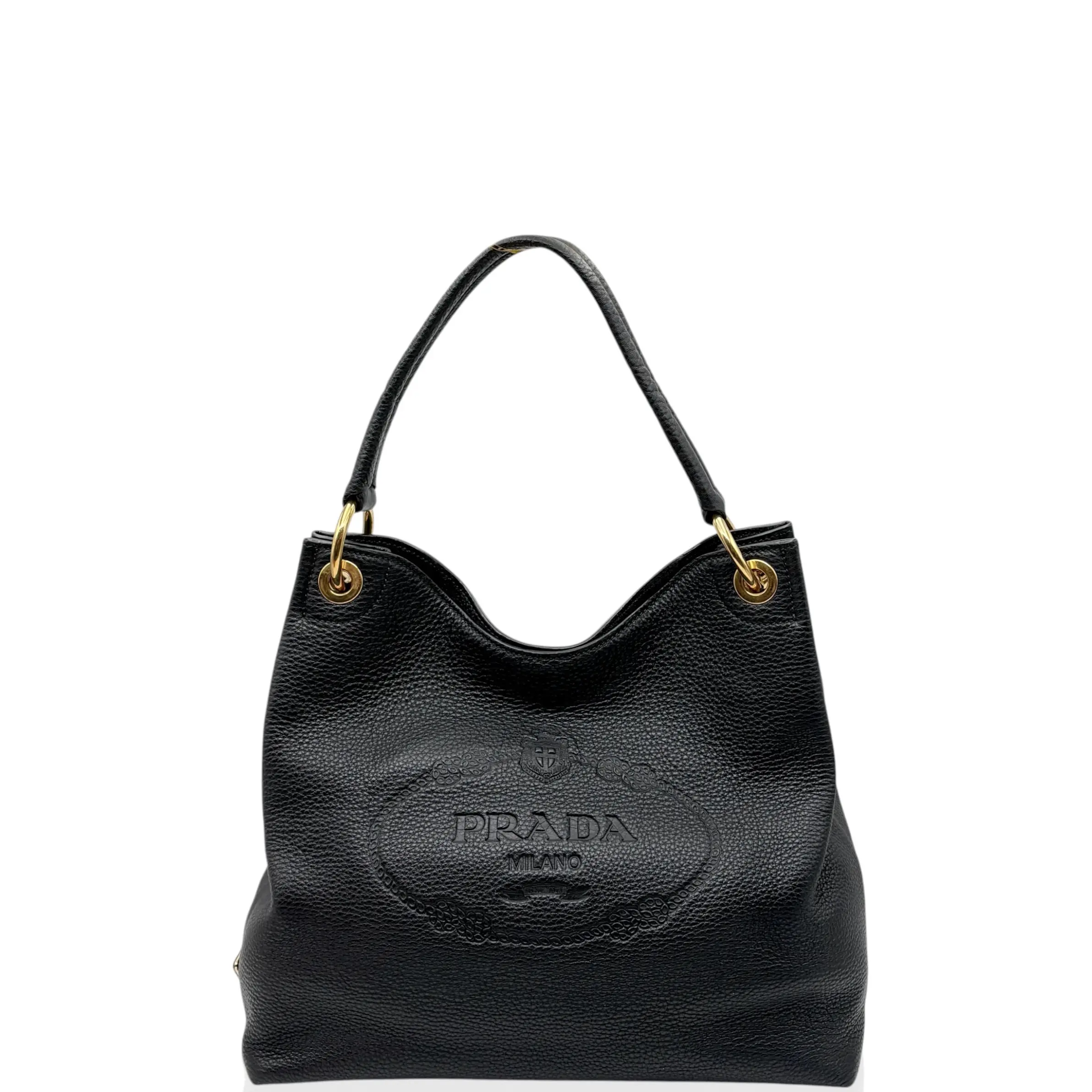 Pre-owned PRADA Leather Shoulder Bags Hobo Grained Calfskin Black (ym040126b3)