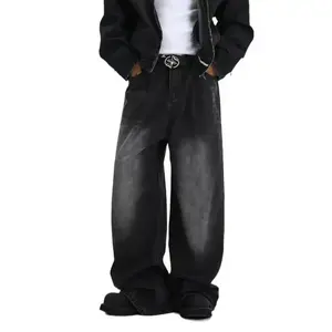Men's Vintage Washed Pocket Wide-Leg  - Loose Casual Comfortable Denim  Suitable for Daily Wear, Beige Pure Black [Xk] [T809] Graduation Outfit Loose  Men's Loose  jeans pants